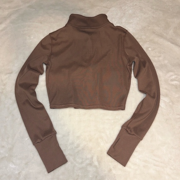 LA + Image Brown Ribbed Half Zip Mock Neck Cropped Long Sleeve Top Size Small - Picture 5 of 9